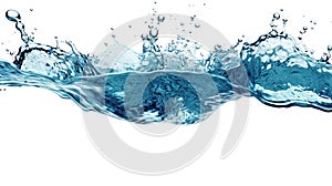 Blue water splash on white background. Liquid drips scattered. Generated AI.
