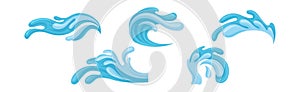 Blue Water Splashes as Aqua Motion with Drops Vector Set