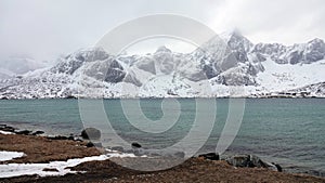 Blue water of Sundstraumen on the Lofoten in winter in Norway