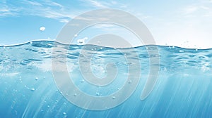 Blue water at surface level with rising bubbles. Clean and serene. Banner. Copy space. Concept of purity, nature, and