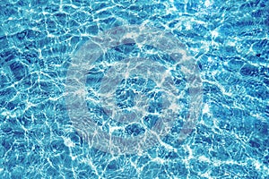 Blue water surface viewed from above in outdoor sea, sun reflection, dimply. Surface Abstract Background. Clear water in sea with