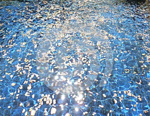 Blue water texture with coins in fountain