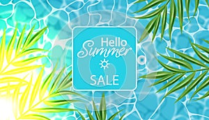 Blue water Vector realistic. Summer sea party poster template. Tropic palm leaves and sun rays light backgrounds
