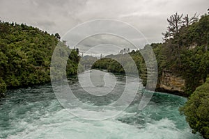 Blue water of Waikato river after flowing down Huka Falls