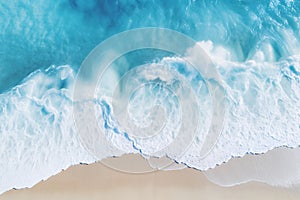 a blue water wave in the beach, in the style of teal and beige, spectacular backdrops photo