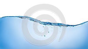 Blue water wave and bubbles isolated on white background