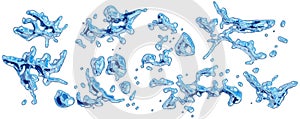 Blue water wave splash with drops isolated on white background. Liquid splash, swirl with splatters and drops. Illustration