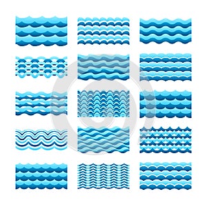 Blue water wave vector tiles set for seamless patterns and textures