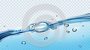 Blue water waves with air bubbles and sunbeams on transparent background.