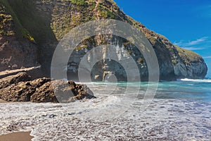 Blue Water Waves Crashing on Black Rocks at Santa Barbara Beach. San Miguel Island, Portugal