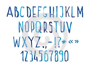 Blue watercolor aquarelle font type handwritten