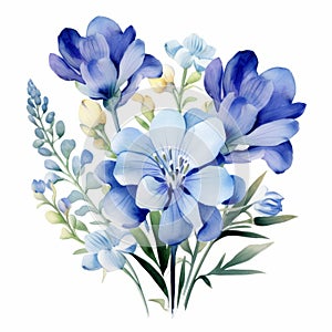 Blue Watercolor Blossom Bouquet: Realistic Color Scheme, Simplified Colors