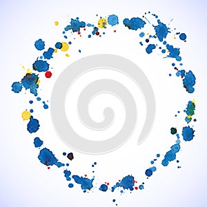 Blue watercolor blots round frame for your disign.