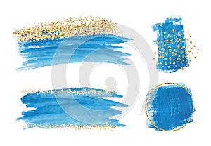 Blue watercolor brush stroke with gold glitter texture, confetti.