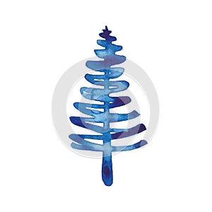 Blue watercolor Christmas pine tree element on white background. Xmas holiday decorative winter spruce. Concept eve for