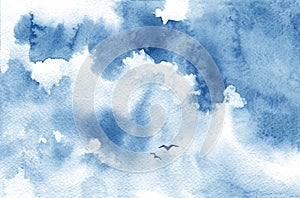 Blue watercolor cloud, birds and sky. Spring, summer background.
