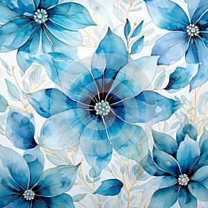 Blue Watercolor Flowers Illustration. Blue Floral Background with Leaves and Golden Details. Genertaive AI.
