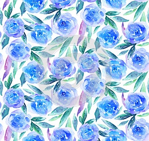 Blue watercolor flowers pattern. Teal floral