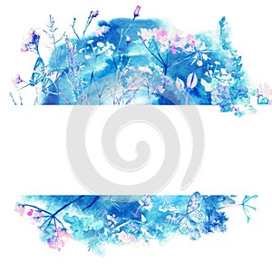 Blue Watercolor Greeting Card with Blooming Flowers and Birds. Background with Place for Your Text. Herbal, Wildflowers,