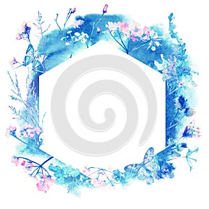 Blue Watercolor Greeting Card with Blooming Flowers and Birds. Background with Place for Your Text. Herbal, Wildflowers,