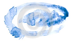 Blue watercolor hand-drawn isolated wash stain on white background for text, design. Abstract texture made by brush