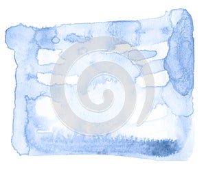 Blue watercolor hand-drawn isolated wash stain on white background for text, design. Abstract texture made by brush