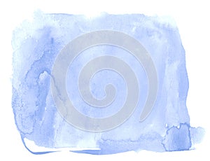 Blue watercolor hand-drawn isolated wash stain on white background for text, design. Abstract texture made by brush