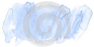 Blue watercolor hand-drawn isolated wash stain on white background for text, design. Abstract texture made by brush