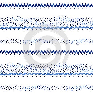 Blue watercolor hand-drawn waves and zigzag with dots on white background - seamless pattern