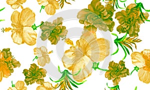 Blue Watercolor Illustration. Green Flower Textile. Orange Seamless Leaf. Colorful Pattern Wallpaper. Autumn Tropical Texture. Yel