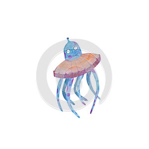 Blue watercolor octopus. Sea poulp in a tutu, an illustration of a devil fish with tentacles. For interior design and