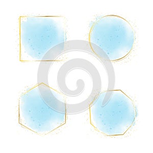 blue watercolor splash background banner with golden frame and glitter collection