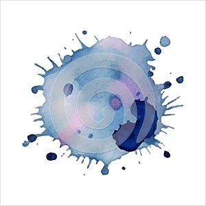 Blue watercolor spot with droplets, smudges, stains, splashes, abstract editable isolated object on white background