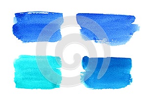 Blue watercolor spots. Set of colorful wet brush painted stains isolated on white background