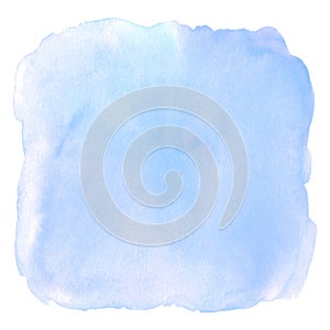 Blue watercolor square splash background. Abstract hand drawn paint textured blot stain spot blob isolated on white background