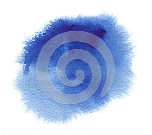 Blue watercolor stain with splash, watercolour paint strokes, blots, wet edges