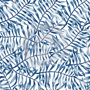 Blue watercolor tropical leaves seamless pattern. Hand painted raster texture with palm leaf repeat