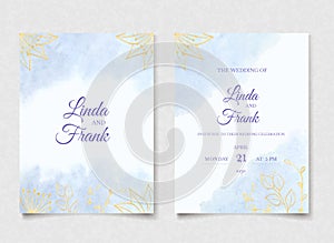 Blue watercolor wedding invitation card set with gold flowers