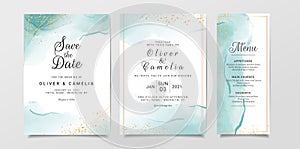 Blue watercolor wedding invitation card template set with gold glitter and line decoration. Abstract background save the date,