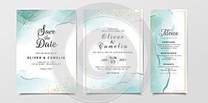 Blue watercolor wedding invitation card template set with gold glitter and line decoration. Abstract background save the date, photo