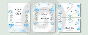 Blue watercolor wedding invitation card template set with gold glitter and line decoration. Abstract background save the date,