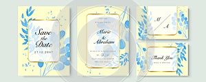 Blue watercolor wedding invitation card template set with gold glitter and line decoration. Abstract background save the date,