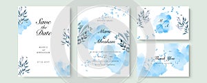 Blue watercolor wedding invitation card template set with gold glitter and line decoration. Abstract background save the date,