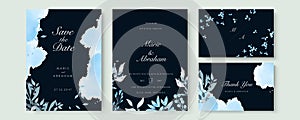 Blue watercolor wedding invitation card template set with gold glitter and line decoration. Abstract background save the date,