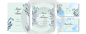 Blue watercolor wedding invitation card template set with gold glitter and line decoration. Abstract background save the date,
