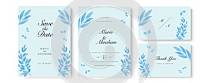 Blue watercolor wedding invitation card template set with gold glitter and line decoration. Abstract background save the date,