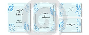 Blue watercolor wedding invitation card template set with gold glitter and line decoration. Abstract background save the date,