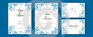 Blue watercolor wedding invitation card template set with gold glitter and line decoration. Abstract background save the date,