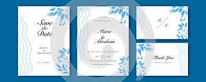 Blue watercolor wedding invitation card template set with gold glitter and line decoration. Abstract background save the date,