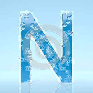 Blue Waterdrops letter N isolated on light blue background
